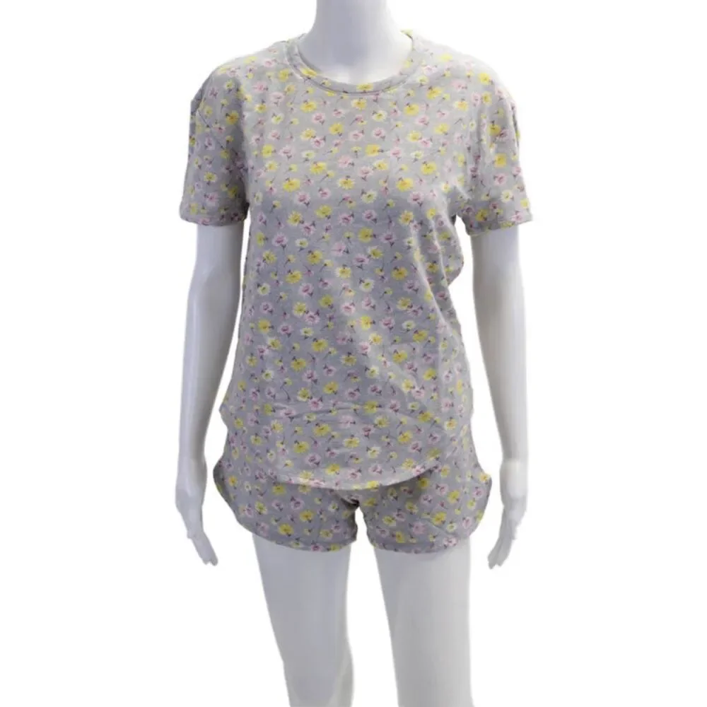 Emerson Road Womens Crew Neck Floral Pajama Shirt Shorts Set Gray Size Small